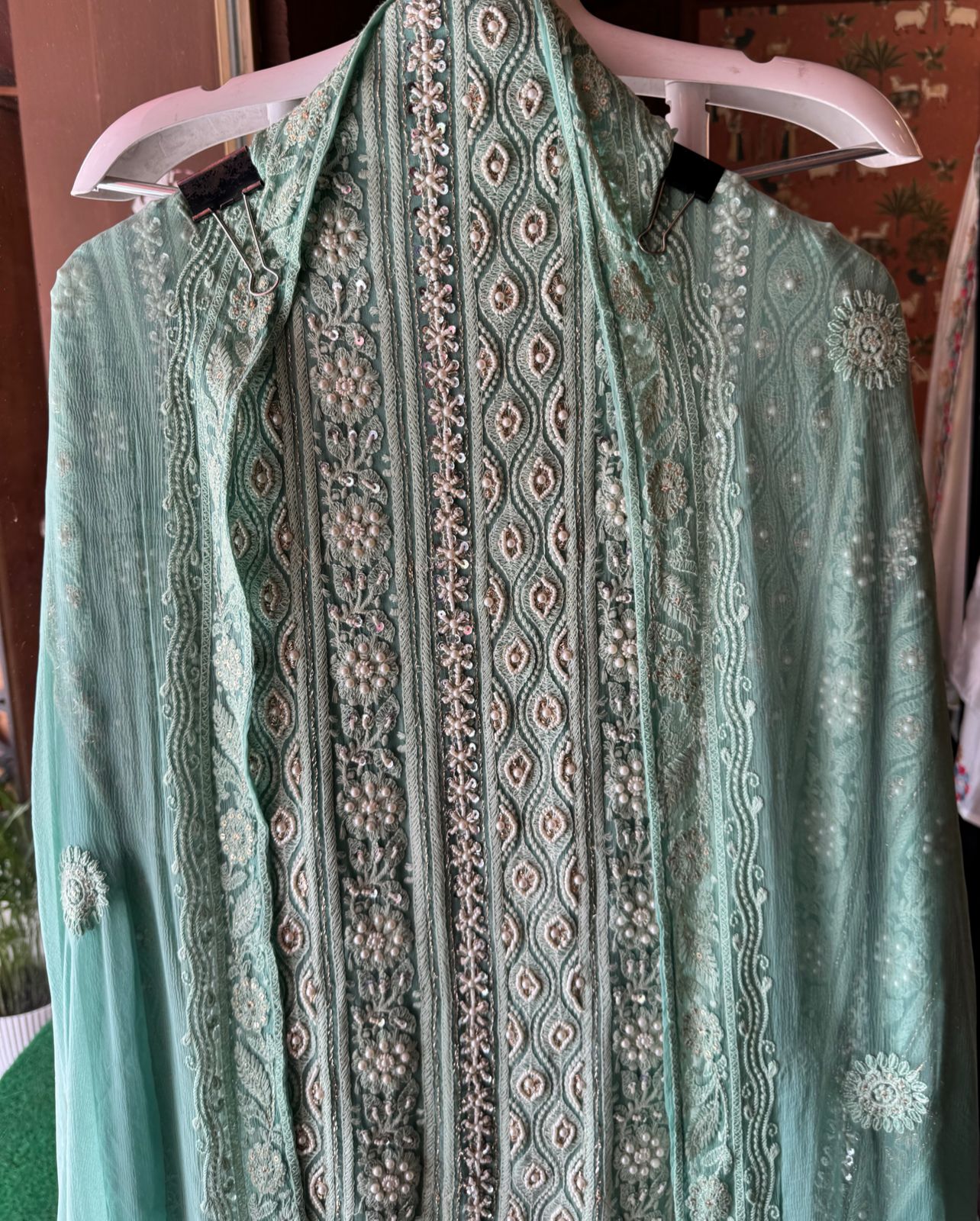 Pure Georgette Suits with Handwork done (Pearl work) with Pure chiffon embroidered Dupatta